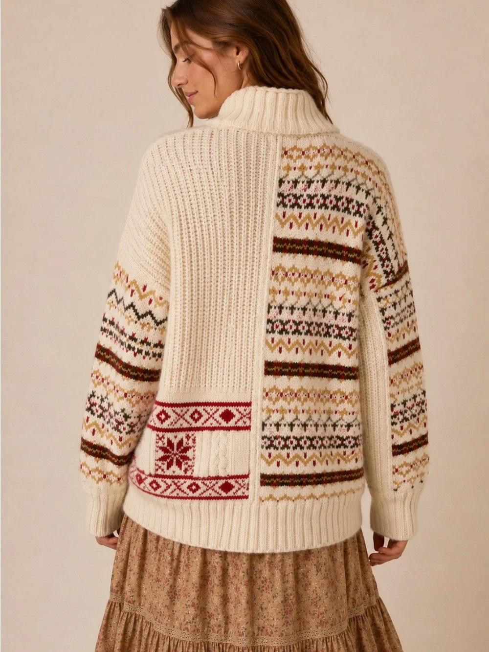 American Eagle Oversized Fair Isle Patchwork Cable Knit Sweater - Picture 2 of 8